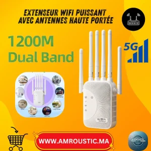 Amplificateur WiFi Double Bande AC1200, Répéteur Réseau 2.4G/5G, Extenseur de Portée avec 6 Antennes et 2 Ports RJ45