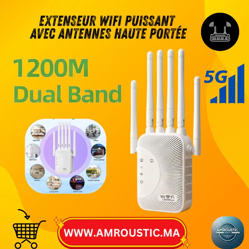 Amplificateur WiFi Double Bande AC1200, Répéteur Réseau 2.4G/5G, Extenseur de Portée avec 6 Antennes et 2 Ports RJ45