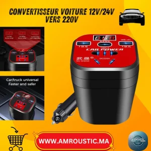 Onduleur de voiture 150W 12V/24V vers 220V avec affichage LED, 3 ports USB et port Type-C