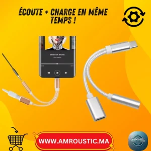 Adaptateur 2-en-1 USB-C vers Jack 3.5mm + Charge (Audio + Recharge simultanés)